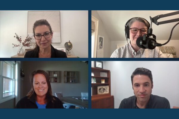 A screenshot taken of "The One Thing Podcast" Tfeaturing our hosts, Robin Bettenhausen and Tom Kallai and two guests from Nonstop Health: Leslie Brown Albright, Director of Business Development, and Lori Hubler, Benefits Consultant.