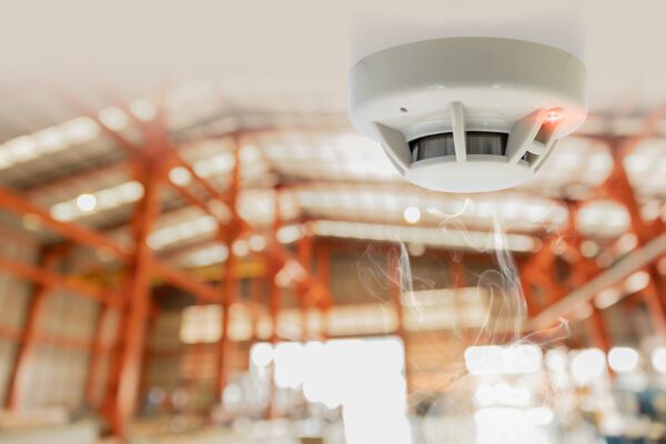 Fire Alarms for Warehouse Smoke Detector Fire Detector safety device setup at Cargo Storage Area ceiling.