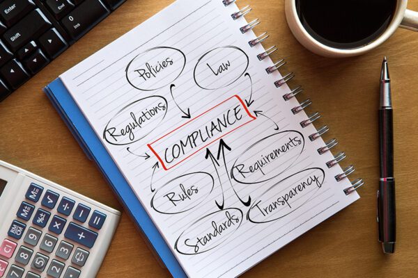 COMPLIANCE flow chart or mindmap - a sketch on notebook with cup of coffee, calculator and keyboard. Business concept for presentations and reports